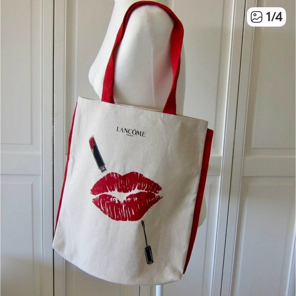 NEW LANCOME COTTON CANVAS TOTE WITH LIPSTICK MOTIF